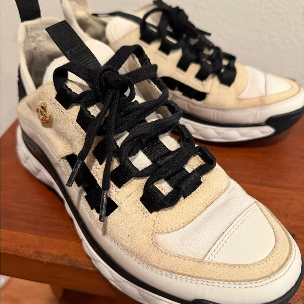 Chanel Cream & Black Suede Sneakers 37